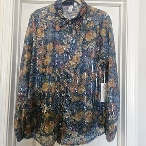 Cato Collection Sequin Blouse with Multicolor Floral Design
